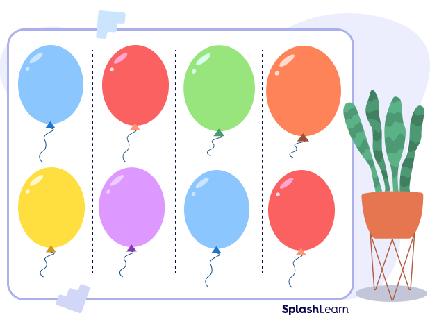 Four equal shares of 8 balloons Four equal shares of 8 balloons
